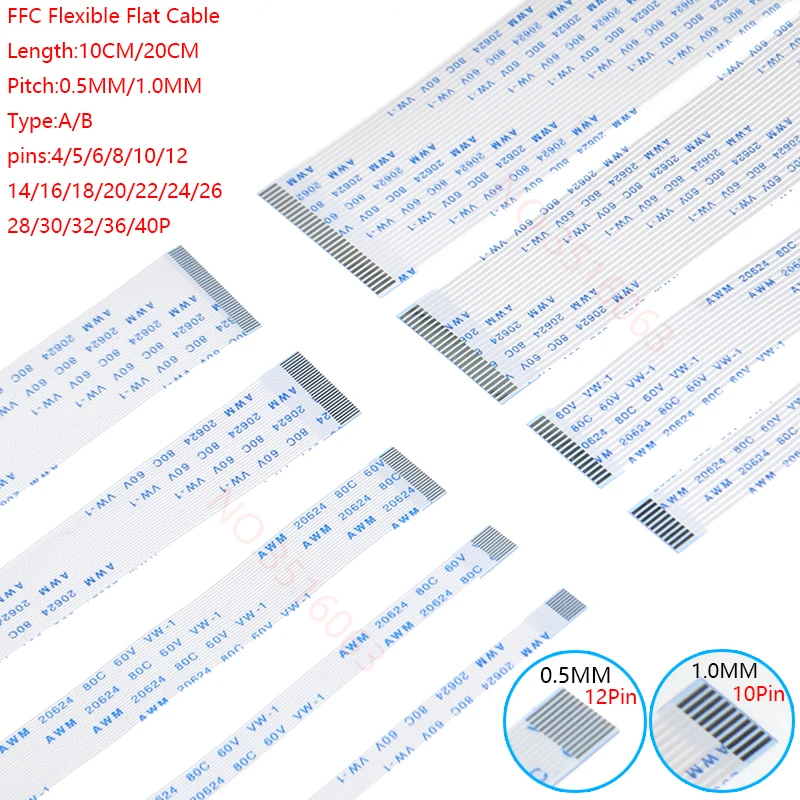 10 SZT. Kabel płaski FFC o długości 60/100/200 MM, raster 0,5 MM 1,0 MM, typ A/B, 8P 10P 12P 16P 20P 40P, FPC 6/8/10/12/14/16/20/30/40 pin