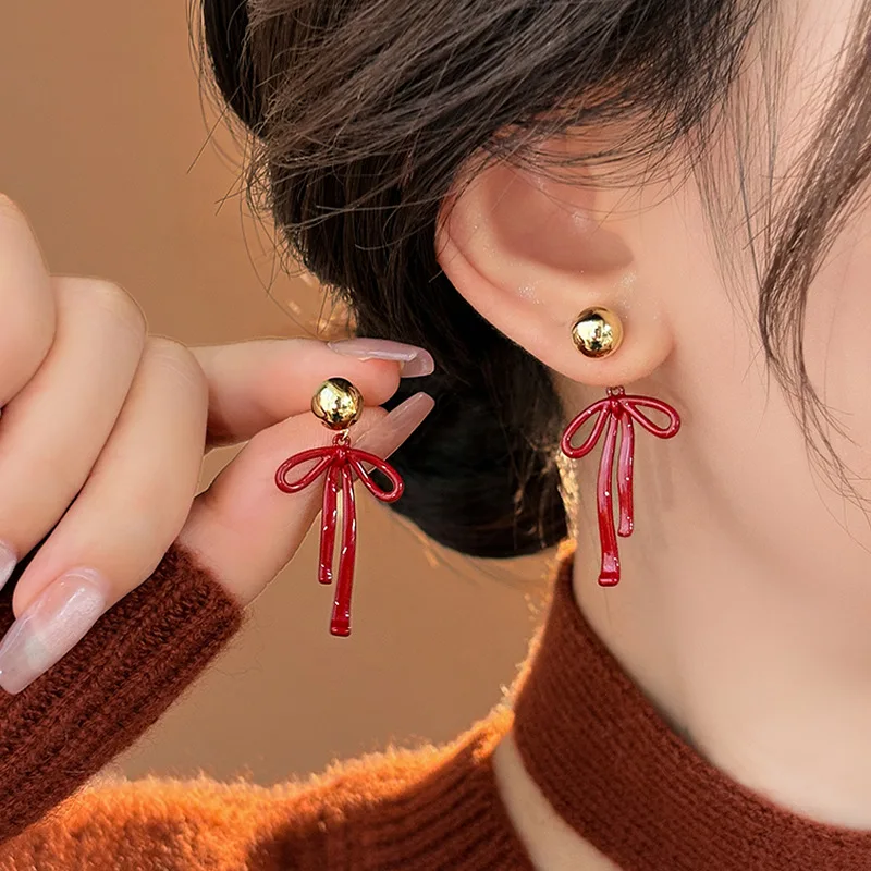 Retro Red Bow Drop Earrings for Women Luxury Metal Beads Irregular Bowknot Ribbon Temperament Earrings Wedding Jewelry Gifts