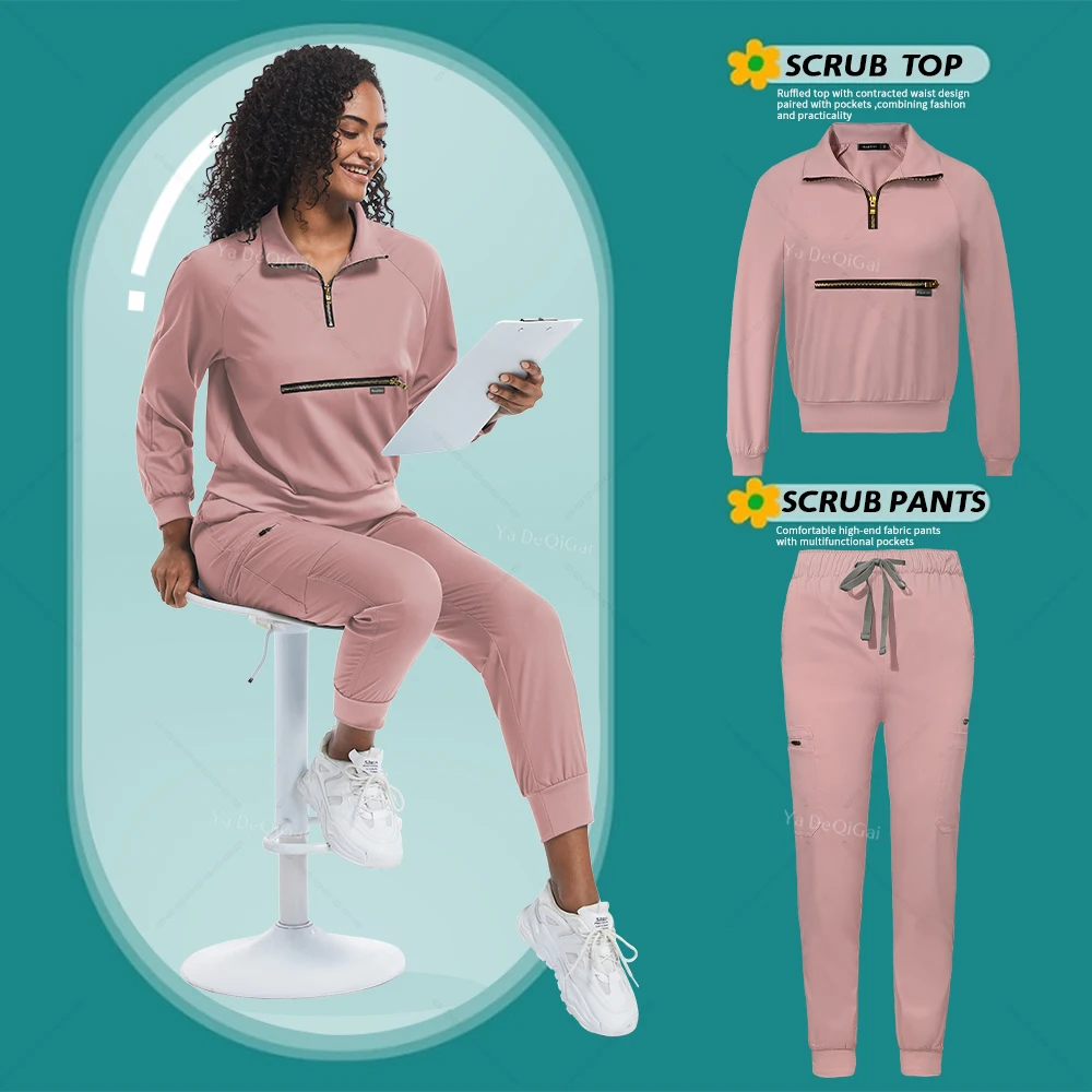 Stretch manga longa Jogger ternos para mulheres, Conjunto de Esfoliantes Médicos, Vestuário Clínico, Enfermeira e Médico, Roupas de Trabalho Beleza, Uniforme Spa