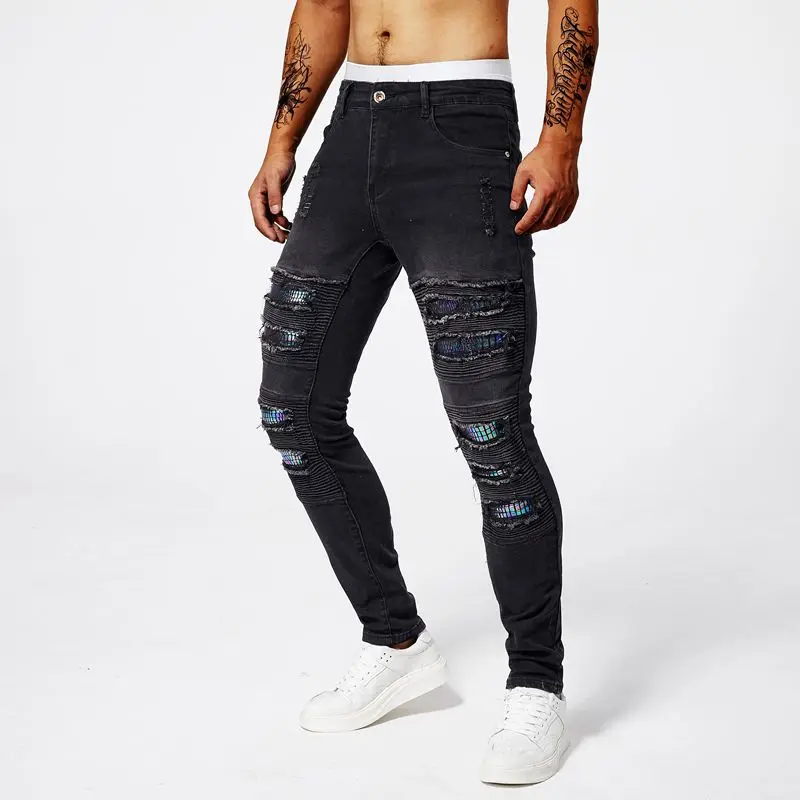 2024 New perforated patch men jeans designer elastic slim fit straight tube high quality casual elastic cotton bike denim pants