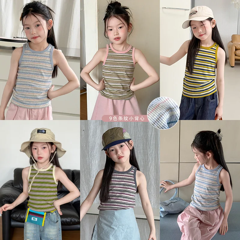Girls Striped Tank Tops Casual Sleeveless Vest Tops for Kids Breathable Summer 2026 Undershirts for Toddler Multi-color Clothing