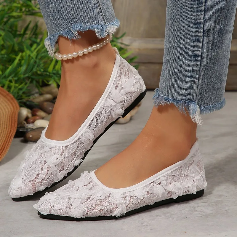 Plus Size 43 Women Fashion Ballet Flats Breathable Laces Square Toe Spring Summer Flat Shoes for Female Daily Walking Loafers