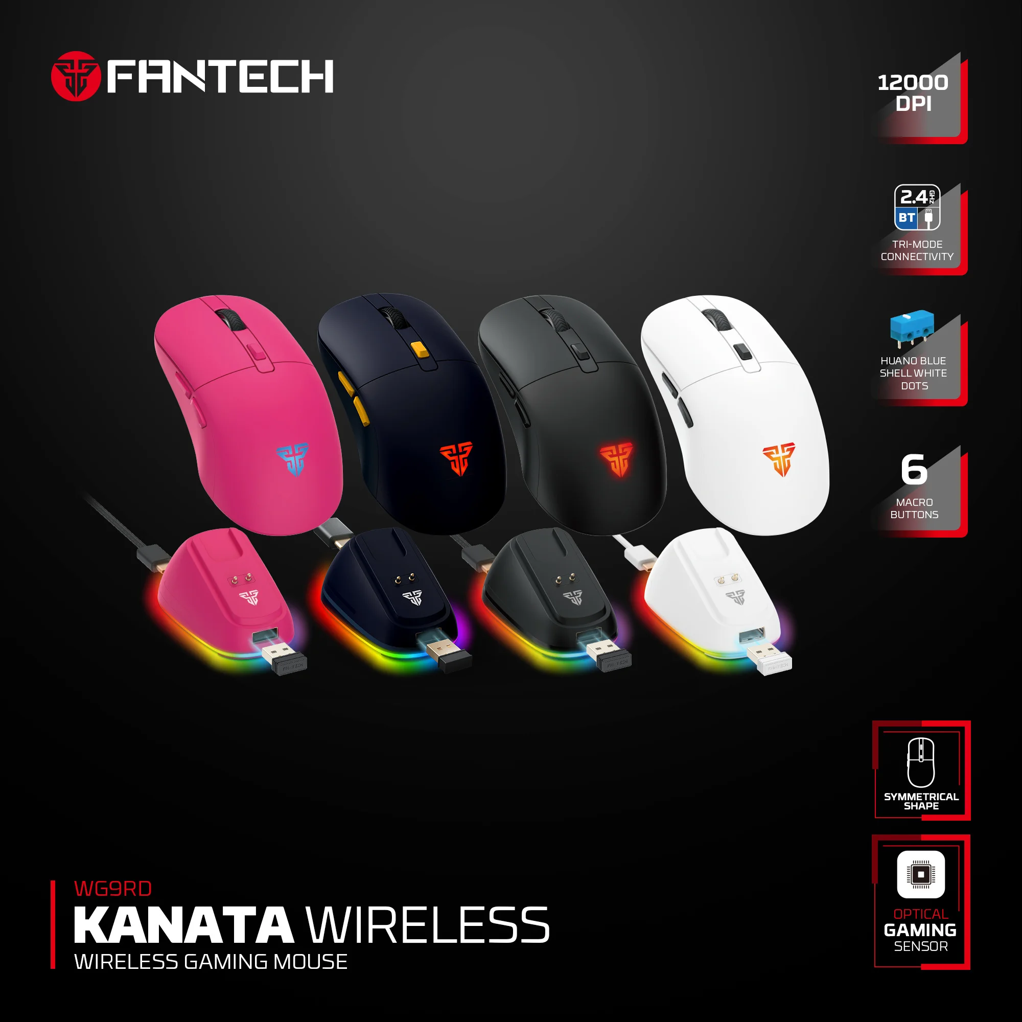 

Беспроводная игровая оптическая мышь FANTECH KANATA WIRELESS WG9RD, 1000 Гц, Huano, 6 кнопок, макросы, 70 часов работы, проводная мышь