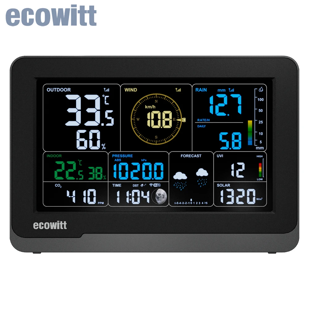 Ecowitt WS3910 Wi-Fi Weather Station Receiver, 7.5'' LCD Color Display Console, Built-in CO2, Support IoT Devices WFC01 & AC1100