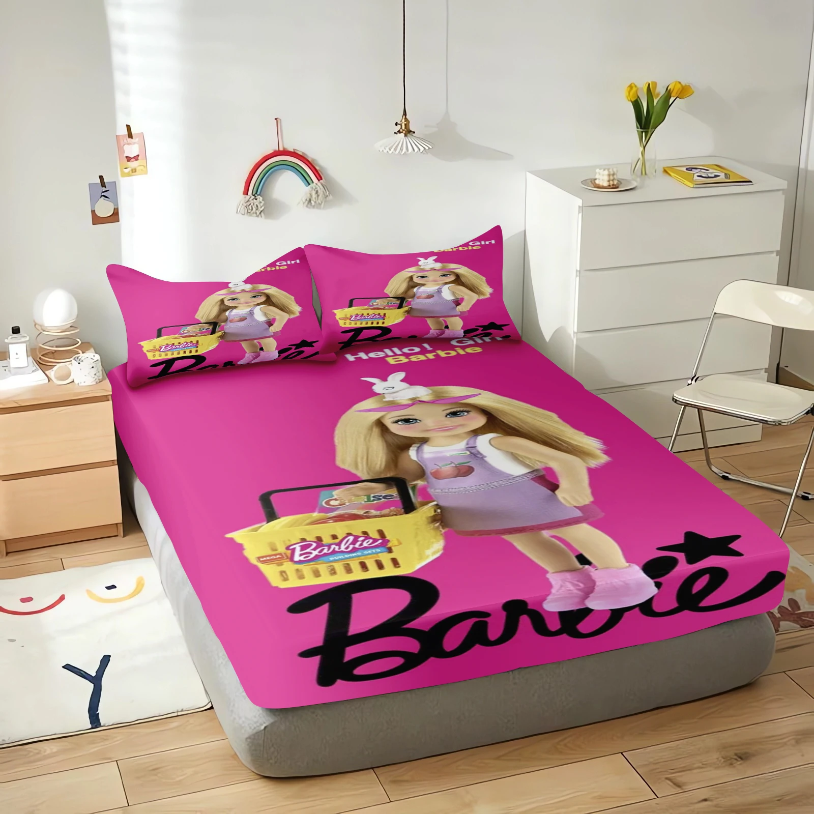 Lenzuola con angoli Barbie Cartoon Stampa 3D Set di federe per camera da letto per bambini carini Biancheria da letto regalo per adulti in