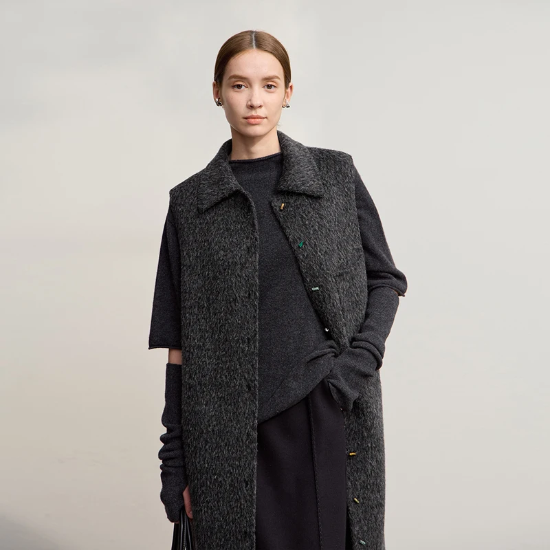 AMII Sleeveless Women's Woolen Coat 2025 Winter New Lapel Vest Wool Double-sided Woolen Coat Women's Warm Versatile Top 12554069