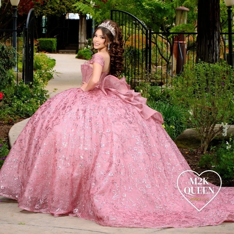 Pink Shiny Ball Gown Quinceanera Dress 2024 Appliques Lace Beads Crysal Tull Off Shoulder Sweet 15 Years Vestidos 16 De XV Anos