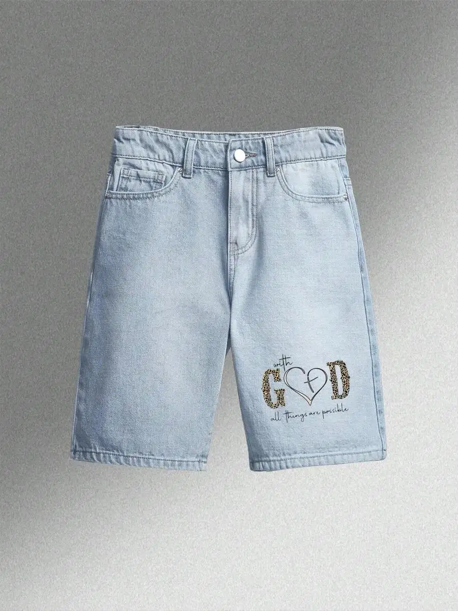 Leopard Print Heart GOD Graphic Denim Shorts Men Casual Loose Straight Leg Summer