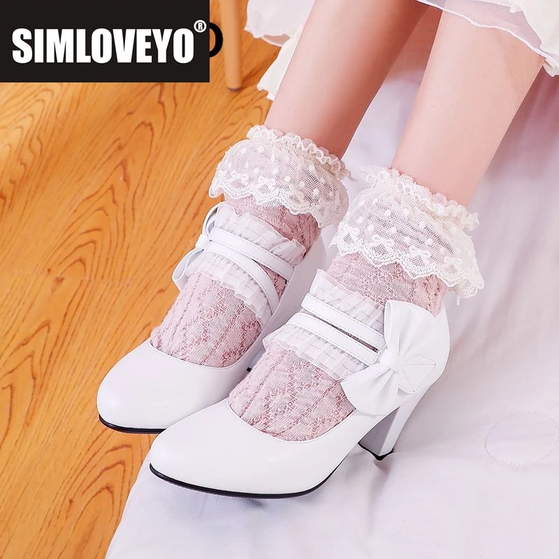 

SIMLOVEYO 2025 Новый дизайн Женские туфли-лодочки с круглым носком на массивном каблуке 7,5 см на липучке с бантом Большой размер 41 42 43 Милые повседневные туфли Лолита