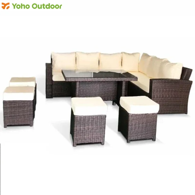 

L-Shaped Outdoor Rattan Dining Set Wood PE Patio Furniture for Backyard Courtyard Garden Sets