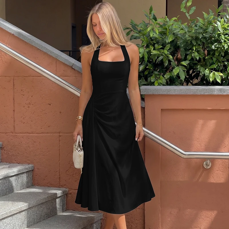 Hugcitar Modisches Kleid mit quadratischem Ausschnitt, einfarbig, rückenfrei, gerüscht, Bandage-Stil, sexy Midi-Abschlussballkleid, Sommerkleidung für Damen, Abendparty, Urlaub – Detail 20