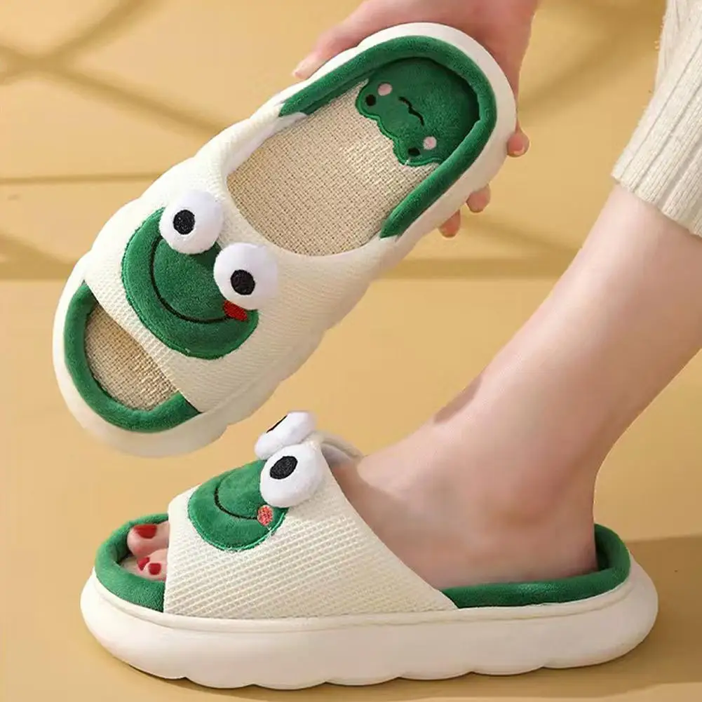 

Unisex Soft Linen Slippers With Anti-Slip Sole For Couples Cute Frog Panda Slippers For Indoor/Home Use All Year Round