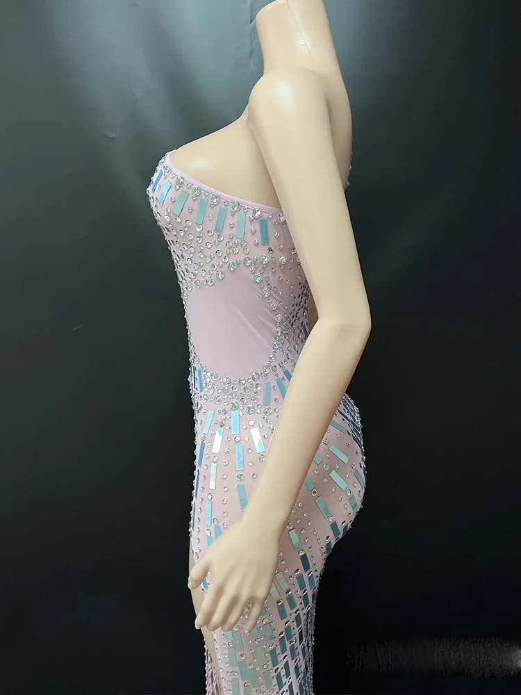 Robe à paillettes avec strass, haute qualité, Sexy, épaules inclinées, fente élastique, nouvelle mode, vêtements personnalisés pour femmes, 2025