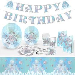 Snowflake Theme Birthday Party Paper Plates Cups Banner Frozen Snow Queen Cartoon Wedding Baby Shower Decorations Supplies