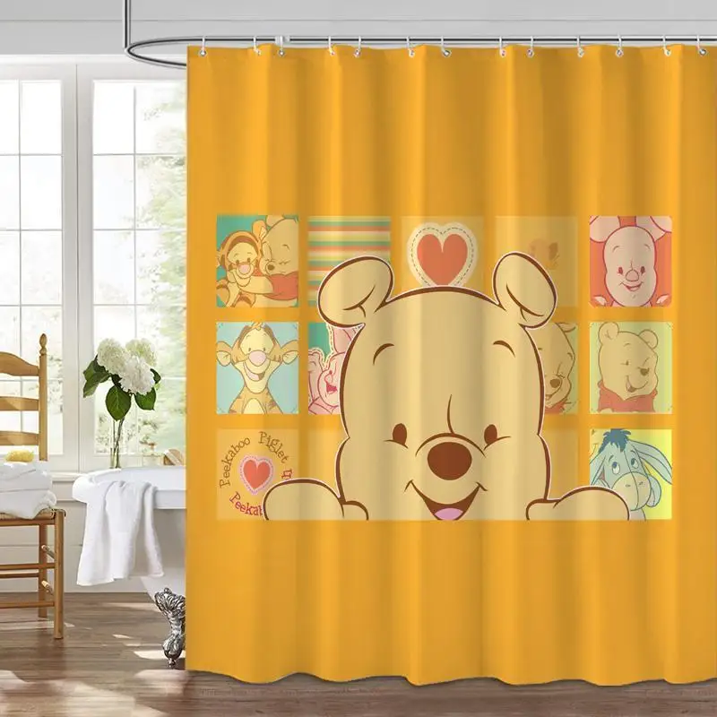 

Cute Anime Disney Winnie Piglet Shower Curtain Cartoon Bathroom Shower Curtain with Hooks Decor Gifts