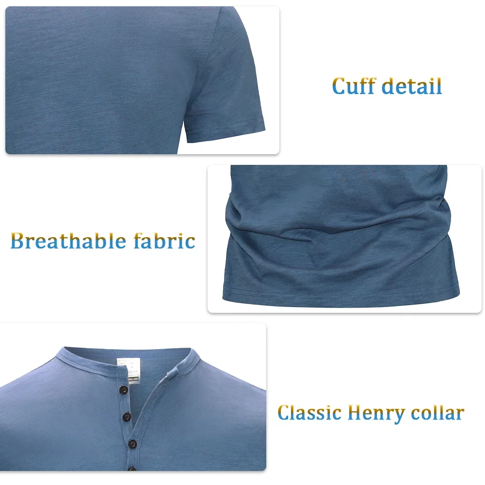 Men\'s Henry Collar Cotton Short Sleeve T-shirt Casual Solid PoIo Shirt Male Cozy Tees Slim Fit Dailywear Button Up Basic Tops