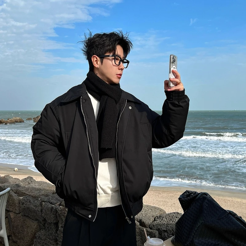 Fashion Solid Color Flight Parkas Men 2025 Winter New Stand Collar Trendy Coats Long Sleeve Simple Warm Pocket Decoration Parkas