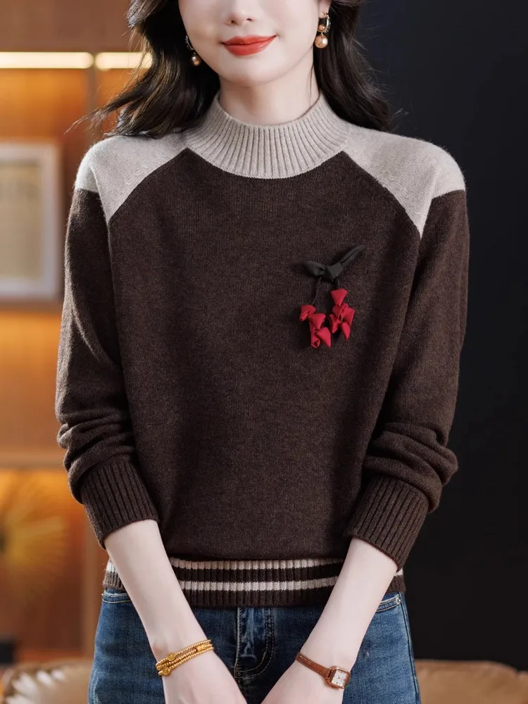 Gestrickter Wollpullover für Damen mit hohem Kragen, Basisschicht-Oberteil, Herbst-Winter, Faion Outlet Store, reguläre Swe-Länge, 00 % Wolle