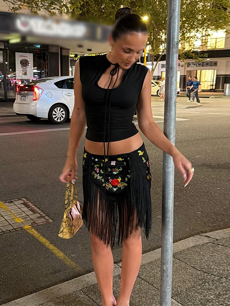 Asymmetrischer Kurzrock mit Stickerei und Quasten für Damen, Sexy Midi-Taille, Unregelmäßiger Saum, Paneel-Design, Schlanke Mini-Röcke, Charmante Partykleidung für Damen – Detail 14