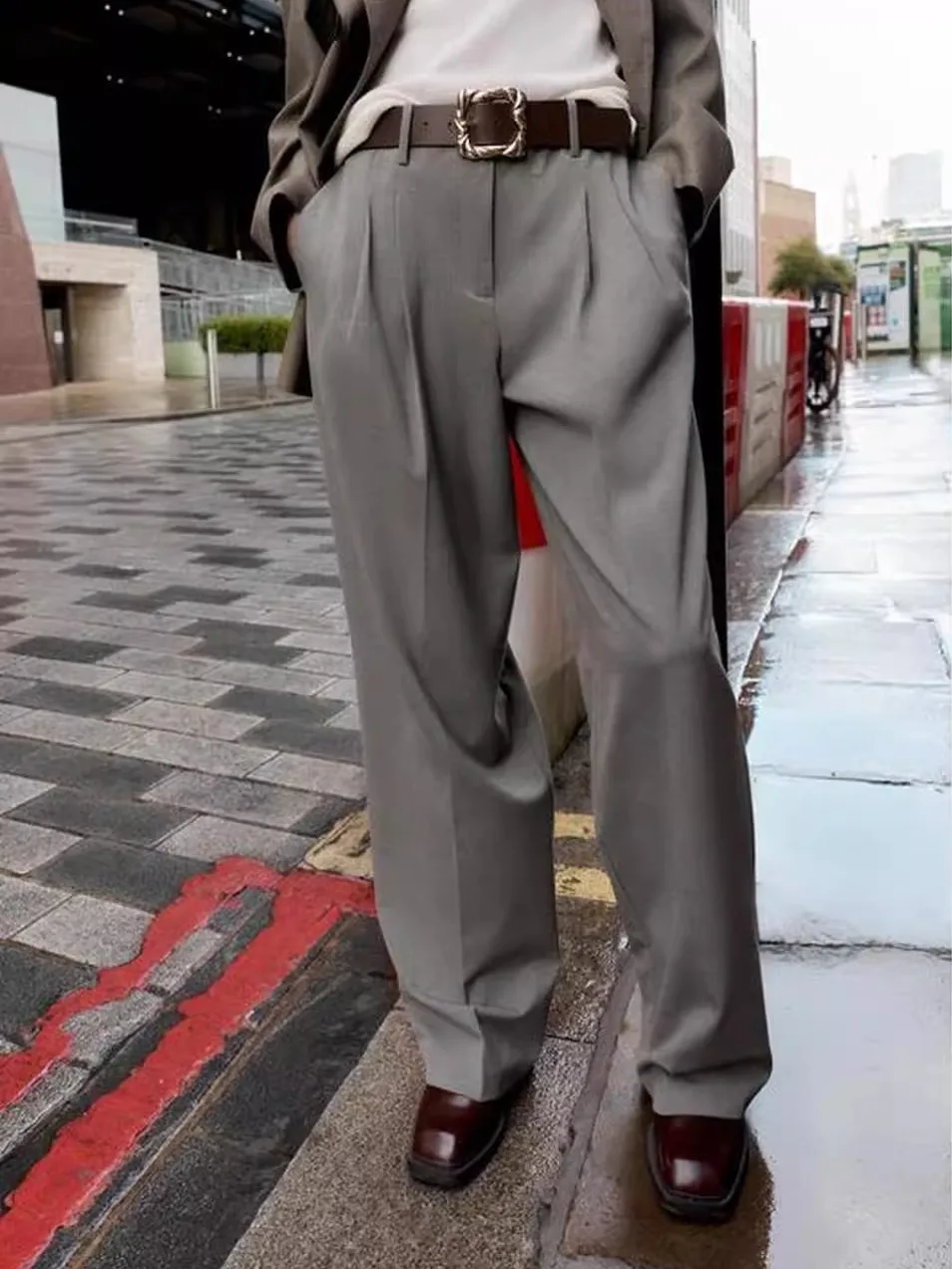 

High Waist Straight Leg Pants with Decorative Pleats Large Bule Wide Waist Belt Long Trousers for Women Commute Sle