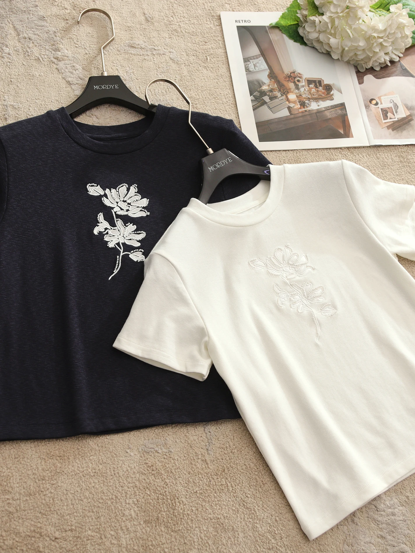 

Elegant Embroidered Floral Short Sleeve Slim Fit Waist T-Shirt Women's Summer Fashion Casual Cotton round Neck Top