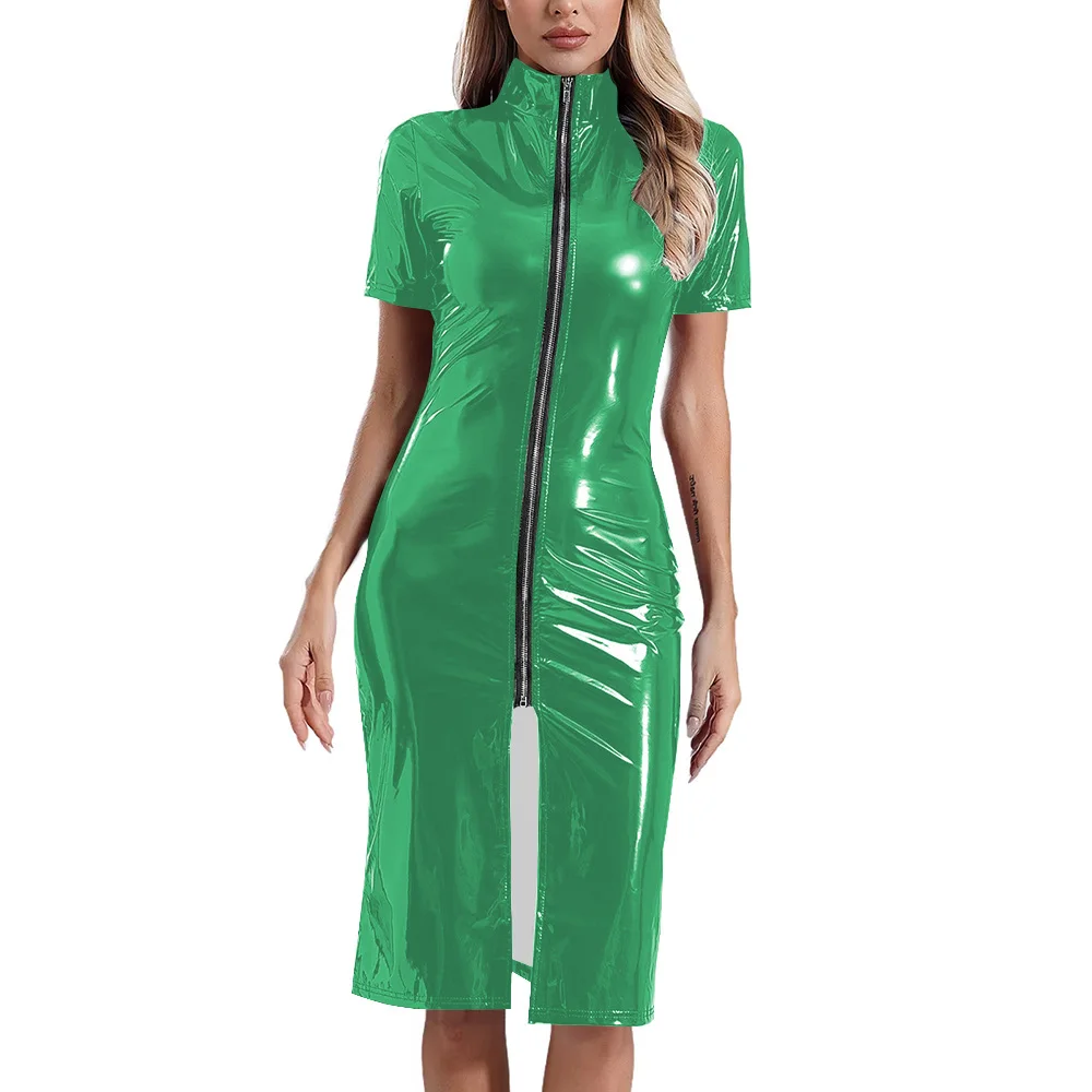 Robe crayon en cuir verni pour femmes, grande taille, gothique, Punk, Look mouillé, manches courtes, fermeture éclair sur le devant, fendue, longueur aux genoux, Clubwear