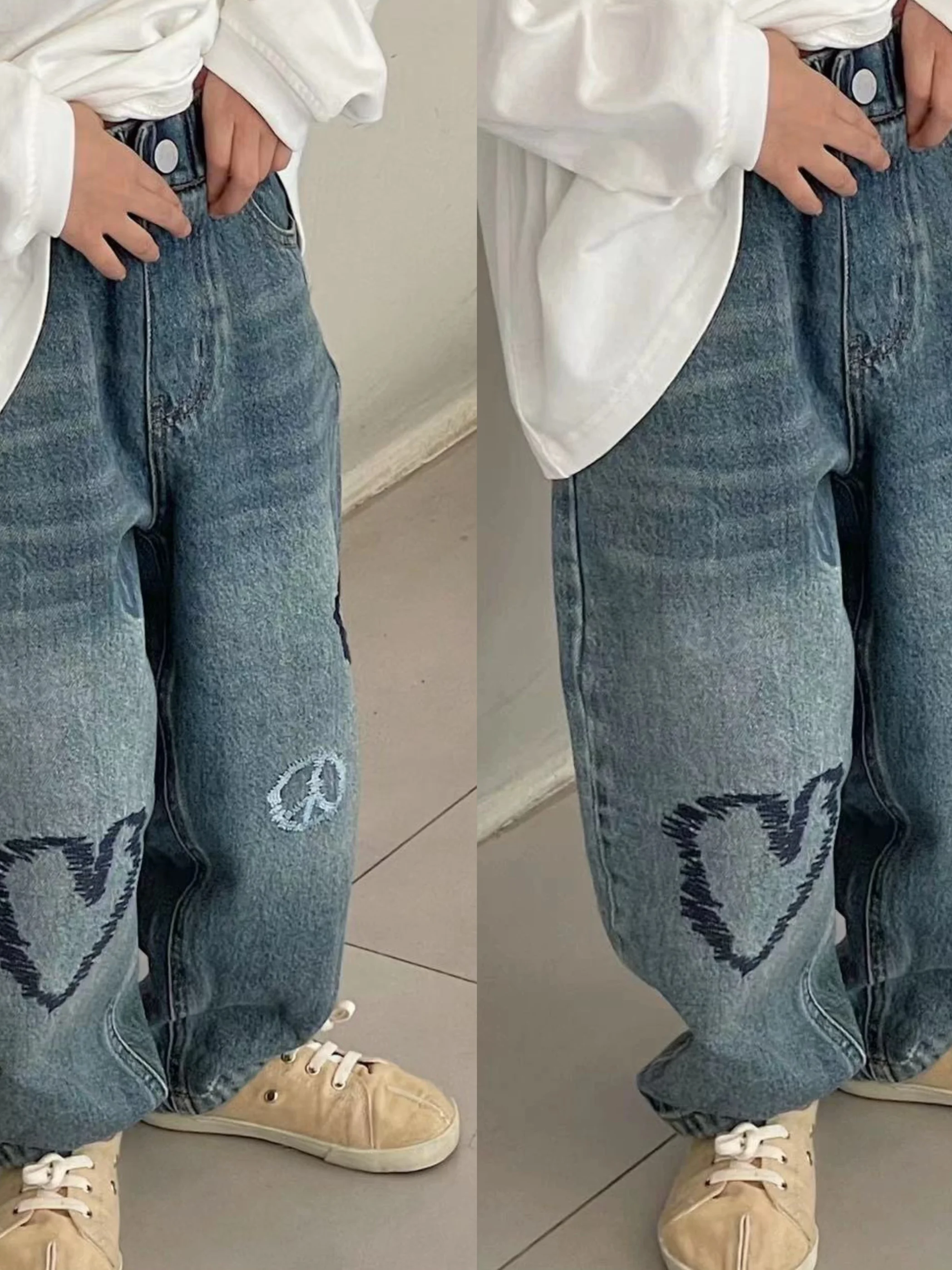 boya-キッズジーンズ-刺繍入りカジュアルストレートレッグパンツ-女の子と男の子用-春秋新作-ハイウエスト-コットン-純綿