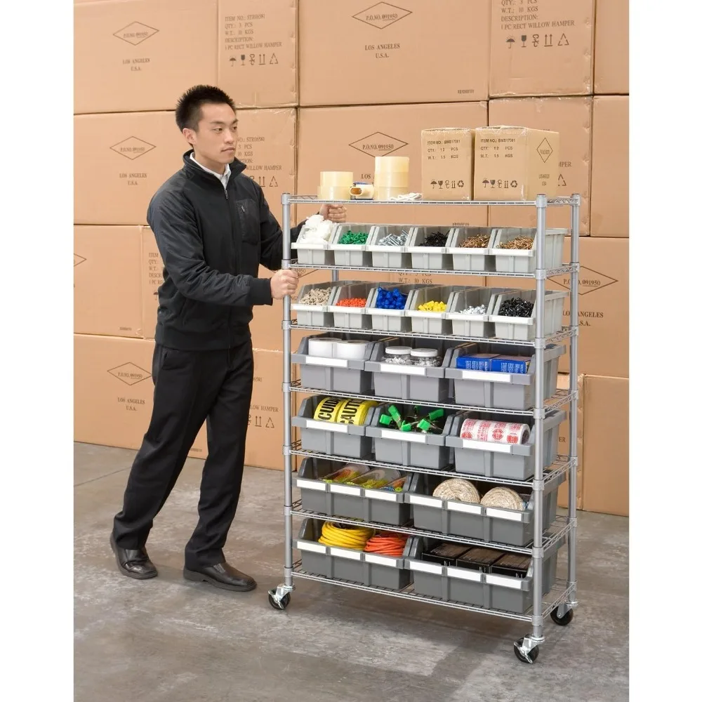 Commercial 7-Tier Platinum/Gray Rack Storage System, Slide, Wheels, High capacity shelves, Polypropylene (PP).