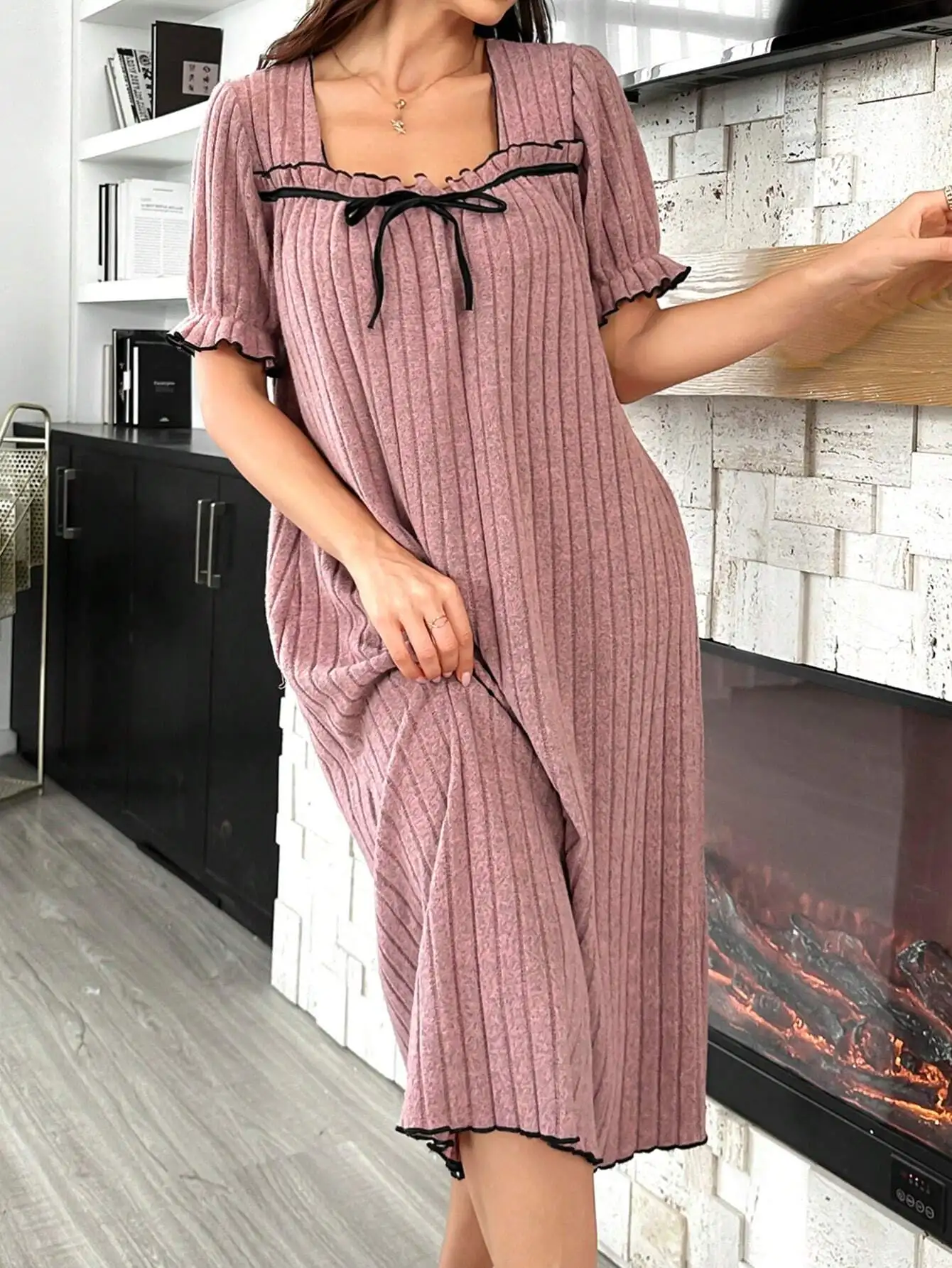 

Ribbed Knit Square Neck Bow Tie Short Sleeve Lounge Dress for Women