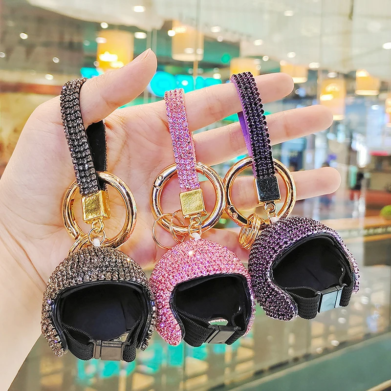 Exquisite Full Diamond Keychain Colorful Motorcycle Helmet Pendant DIY Doll Hard Hat Car Key Pendant Wallet Accessories