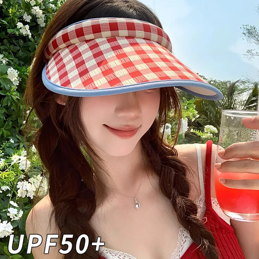 

Plaid Print Large Brim Sun Hat Hair Hoop Style Pastoral Style Summer Empty Top Cap Anti-UV Breathable Sun Protection Hats Travel