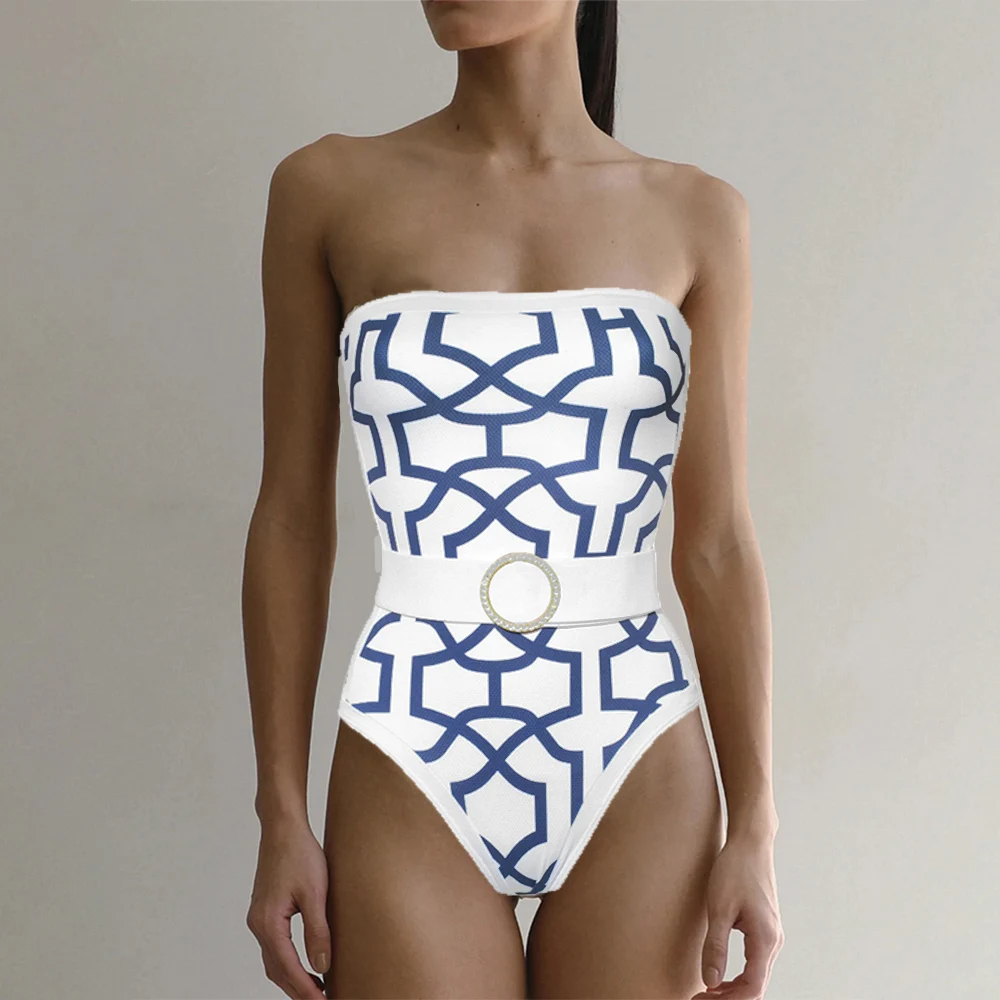 Geometry Print One Piece Swimsuit Women Fashion New Blue Cover-up Elegant Seaside Beach Bikinis Set 2024 Summer Lace up Swimwear