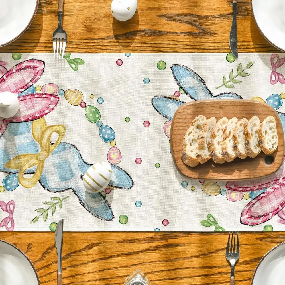 Easter Bunny Floral Bow Rabbits Eggs Linen Table Runner Party Decor Spring Farmhouse Kitchen Table Runner Easter Decorations