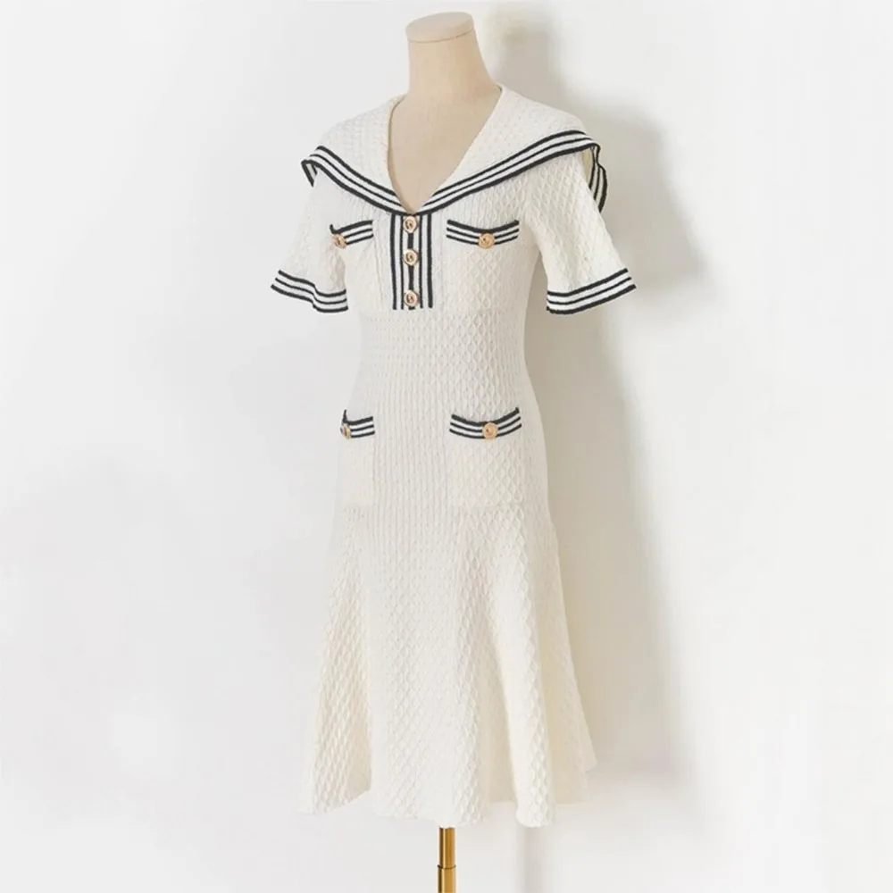 

4 COLORS Preppy Style Contrast collar Sailor Collar Short Sleeve Knitting Dress Women Skinny Slim Fit Short Dresses Femme Robe