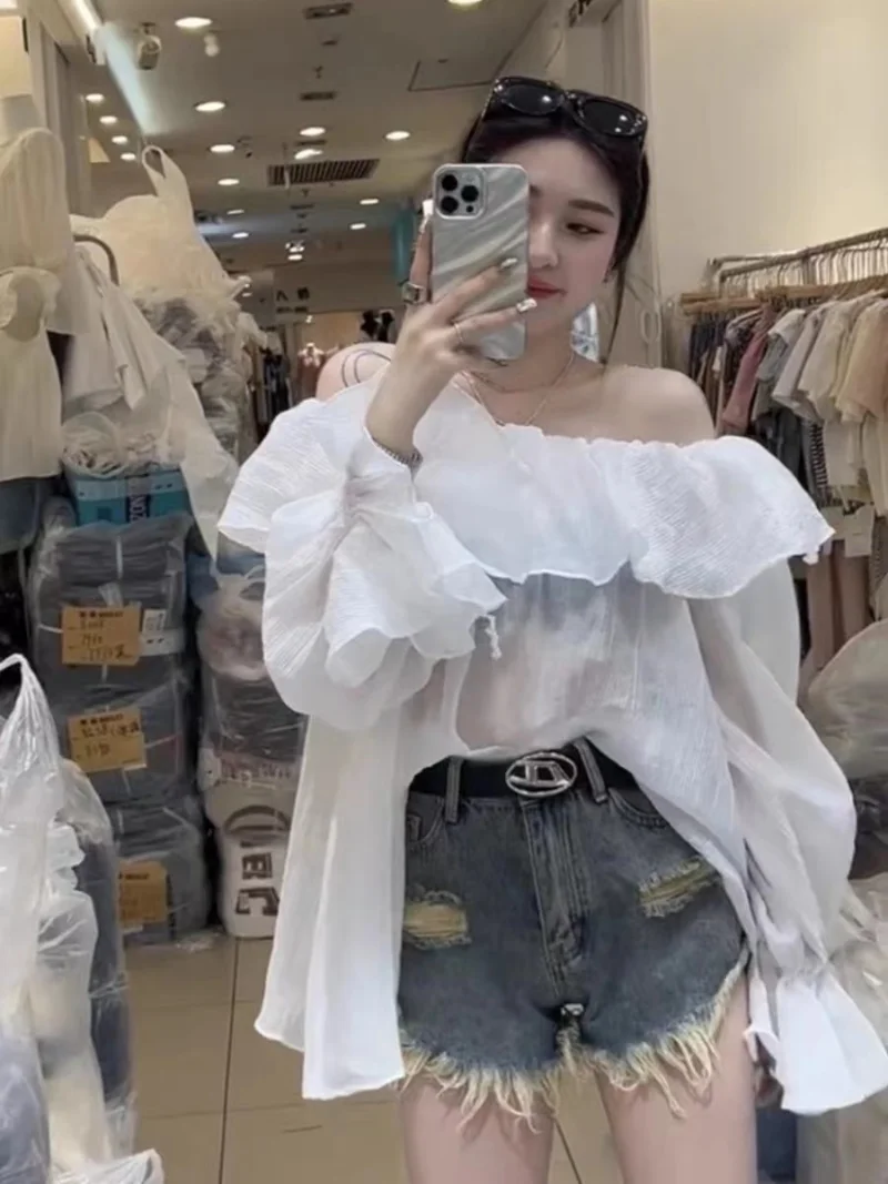 Sweet Off Shoulder Slash Neck Hollow Shirt Korean Style Loose White Blouse Casual Flared Long Sleeve Sunscreen Tops Blusas 27874