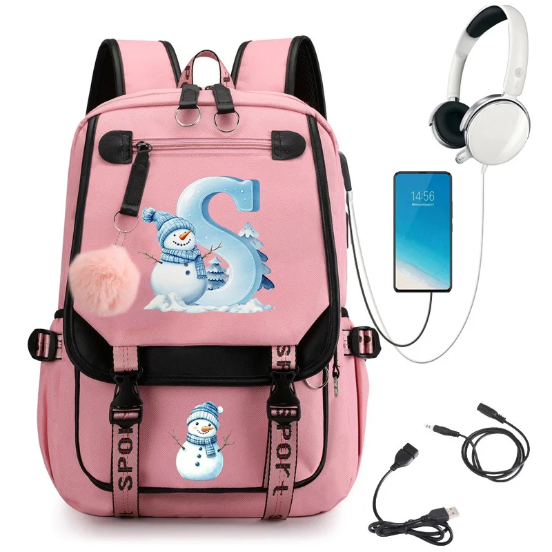 Xmas Snowman Alphabet A-Z Print Backpack for Student Schoolbag Fashion Christmas Holiday Travel USB Charging Laptop School Bag