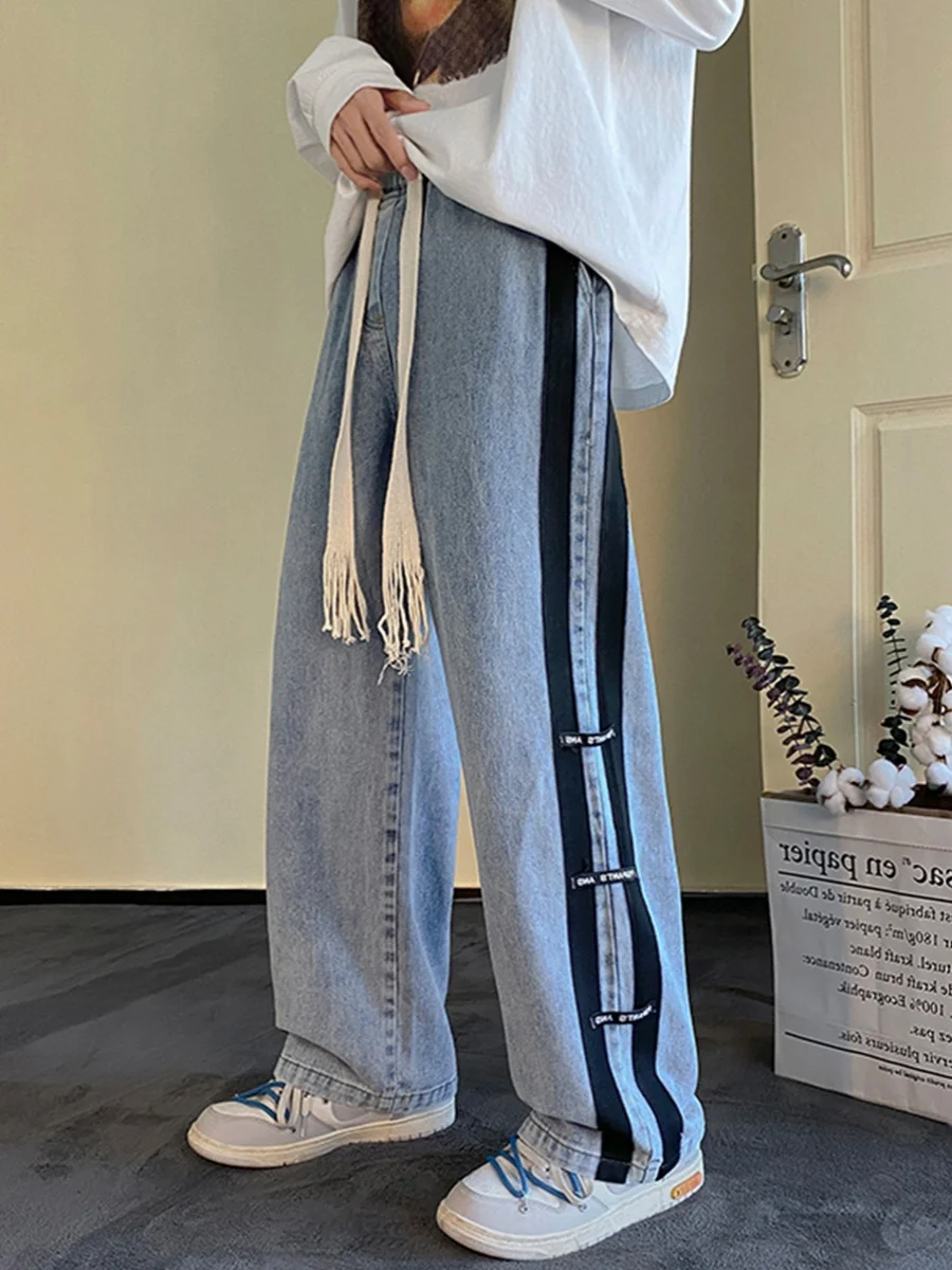 

American High Street Striped Men's Jeans Casual Loose Wide Leg Straight Long Pants Autumn Winter Faion Brand Loose Fit Jeans