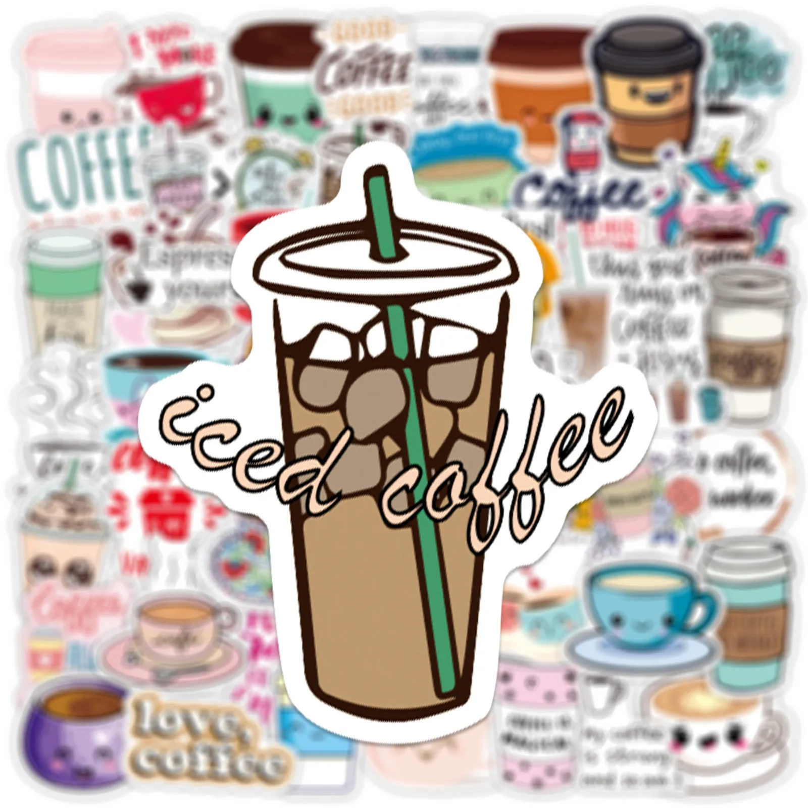 50pcs Cartoon Milk Tea Coffee Series Graffiti Stickers Suitable for Desktop Wall Decoration DIY Sticker Pack with Storage Box