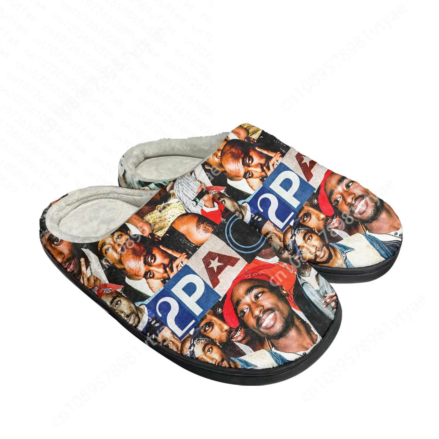 2pac Hiphop Rapper Tupac Pop Home Katoen Custom Slippers Heren Dames Sandalen Pluche Slaapkamer Houden Warme Schoen Thermische Slipper Zwart