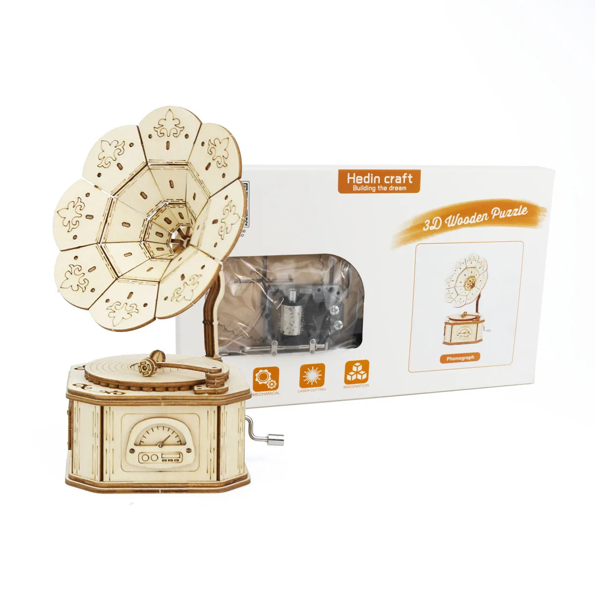Gramophone Music Box 3D Three-dimensional Building Block Puzzle Handmade Toy Desktop Ornaments Holiday Gift Wood Crafts