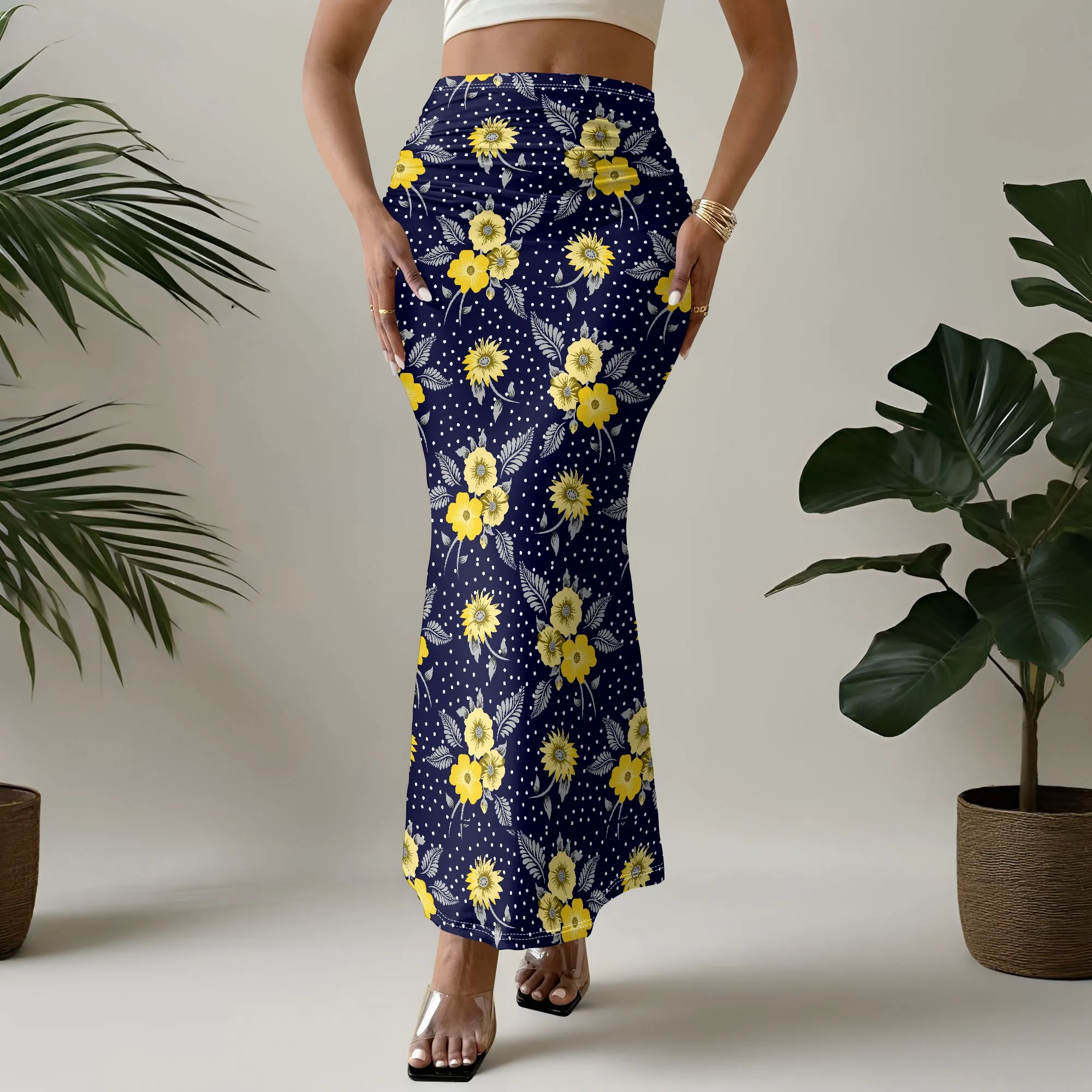 Floral Mermaid Skirt, Yellow Daisy Print, Navy Blue Polka Dot, Boho High Waist, Beach Party Wear, S-2XL