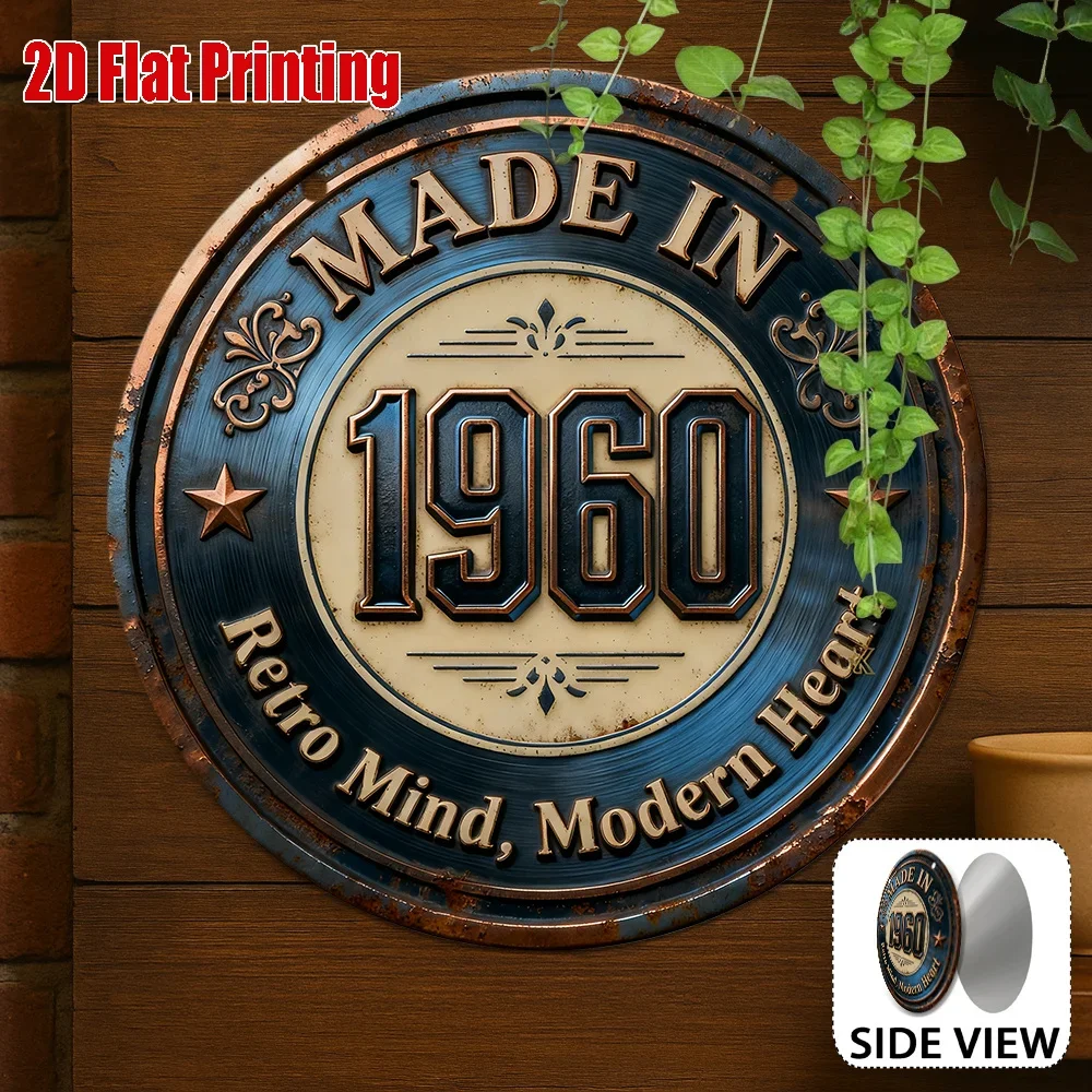 2D Flat Round Tin Sign 1pc 7.87x7.87 inch Made In 1960 Retro Vintage Rustic Metal Wall Sign Birthday Gift Decor
