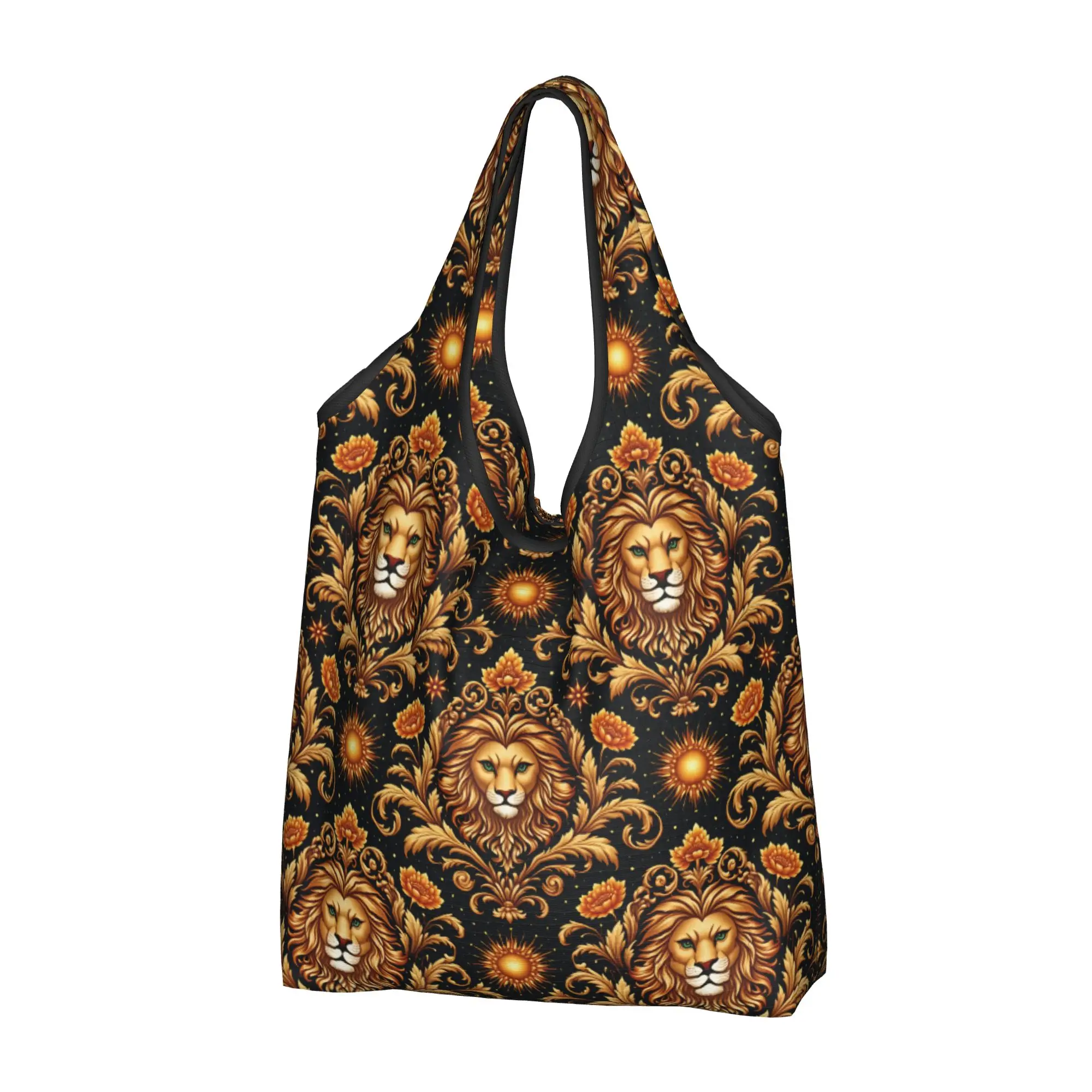 Recycling Golden Wildlife African Baroque  Shopping Bag Women Tote Bag Portable Large Cat of The  Groceries Shopper Bags