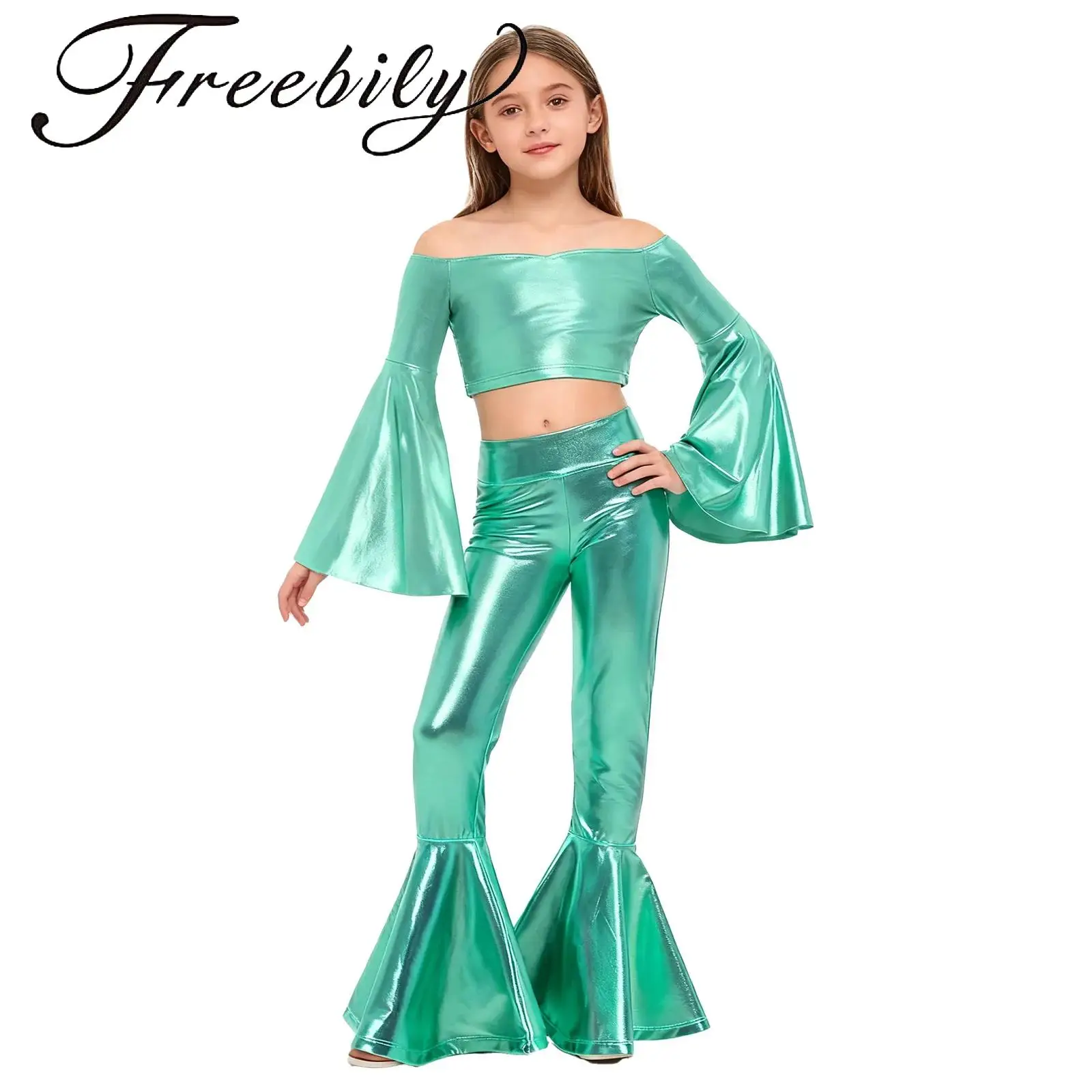 

Детские металлические танцевальные костюмы для девочек: укороченный топ с длинными расклешенными рукавами и брюки-клеш с эластичным поясом для выступлений