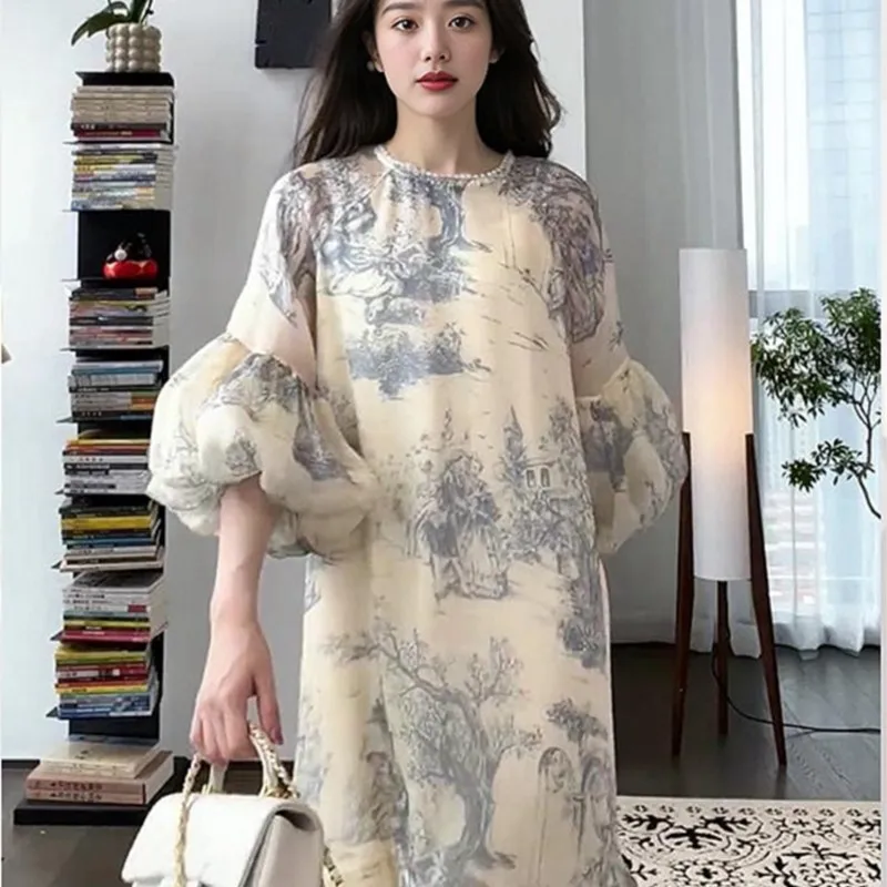 

New Chinese Style National Niche Design Lantern Sleeve Floral Bottoming Dress