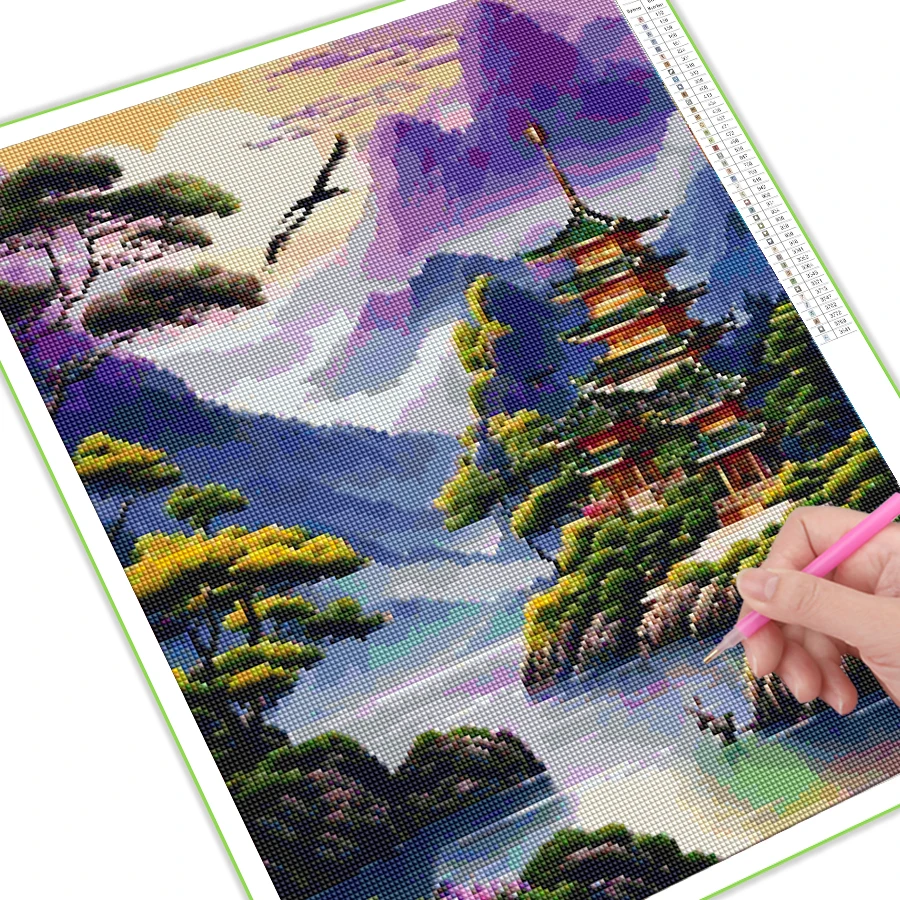 Fullcang New Diy Diamond Painting Kits Mountains And Rivers Full Rhinestone Art Mosaic Embroidery Scenery Pavilions Picture