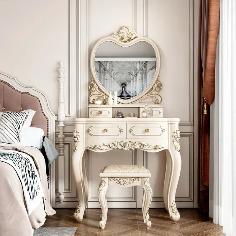 White Makeup Dressing Table for Girl Mirror European Luxury Dressing Table Mirror Wooden Tocador Maquillaje Bedroom Furniture