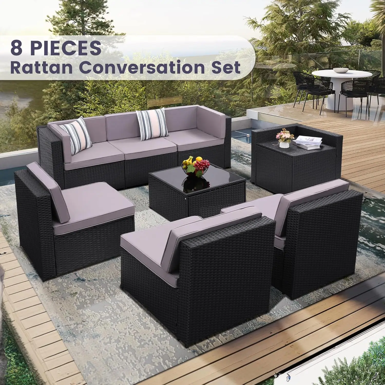 Glass Top Table with Hidden Storage, Includes 7 Seating Components, Black Rattan with Light Grey Overstuffed Cushions