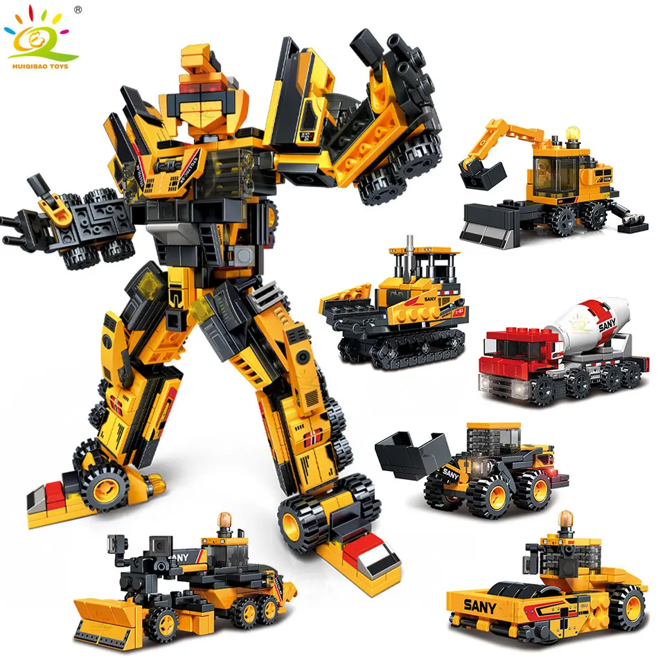 

6IN1 Engineering Transformation Robot Building Blocks Bulldozer Excavator Car MOC Bricks City Construction Toy For Children Gift