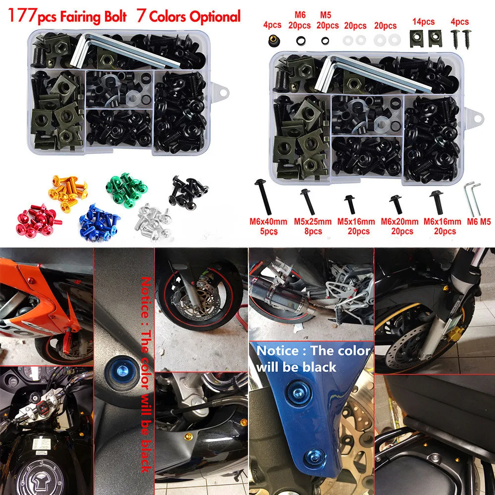 Motorcycle Universal Fairing Windshield Body Modification Bolt Set with 177pcs Color Screws for Honda Yamaha Kawasaki Suzuki